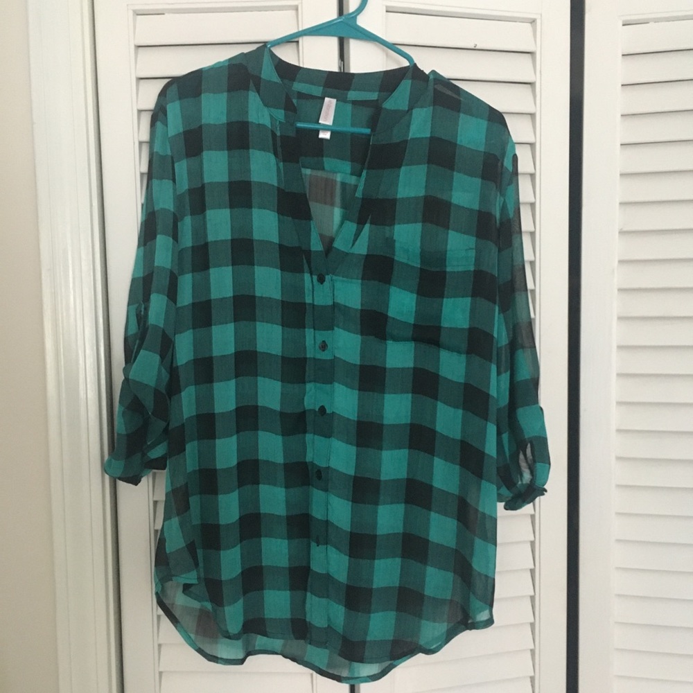 Teal and black plaid sheer tunic